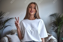 Woman wearing white t-shirt showing peace sign image Product Image 1