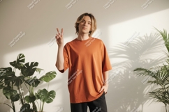 Man wearing orange shirt peace sign image Product Image 1