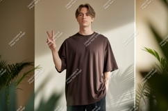 Young man brown t shirt peace sign image Product Image 1