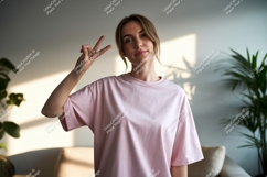 Woman peace sign gesture pink t shirt mockup image Product Image 1