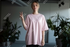 Woman wearing pink t shirt peace sign image Product Image 1