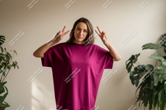 Woman wearing magenta t shirt peace sign image Product Image 1