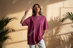 Woman wearing magenta t shirt peace sign image Product Image 1