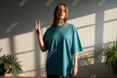Woman wearing teal t shirt peace sign image Product Image 1