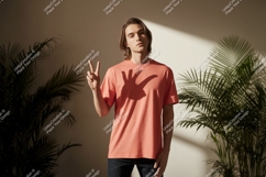 Young Man Peace Sign Coral Shirt Mockup Product Image 1