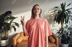 Woman peace gesture coral shirt image Product Image 1