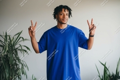 Man peace sign blue shirt image Product Image 1