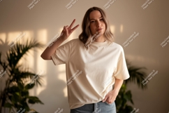 Woman wearing cream t shirt peace sign t-shirt Product Image 1