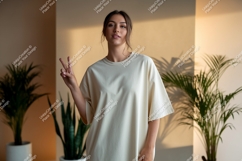 Woman wearing cream t shirt peace sign Product Image 1