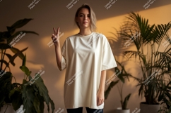 Woman wearing cream t shirt peace sign image Product Image 1