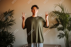 Young man peace sign green t-shirt Product Image 1