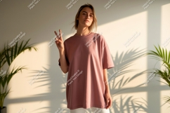Woman wearing pink t shirt peace sign image Product Image 1