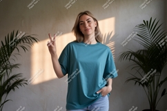 Woman wearing teal t shirt peace sign image Product Image 1