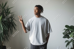 Man wearing grey t shirt peace sign image Product Image 1