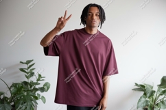Man wearing maroon t shirt peace sign image Product Image 1