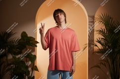 Man wearing coral t shirt and blue jeans image Product Image 1
