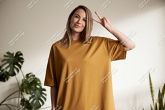 Woman wearing mustard t shirt peace sign image Product Image 1