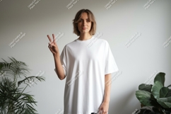 Woman wearing white t shirt peace sign image Product Image 1