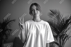Woman peace sign gesture white t shirt image Product Image 1