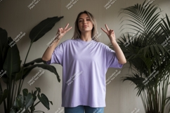 Woman wearing purple t-shirt peace sign image Product Image 1