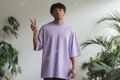 Man wearing lavender t shirt peace sign image Product Image 1