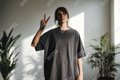 Woman wearing dark grey t shirt peace sign image Product Image 1