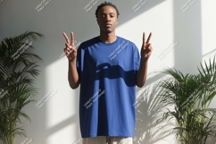 Man wearing blue t-shirt peace sign image Product Image 1