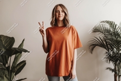 Woman wearing orange t shirt peace sign Product Image 1
