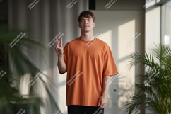 Man orange t shirt peace sign image Product Image 1