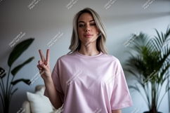Woman wearing pink t shirt making peace sign t-shirt Product Image 1