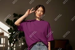 Young Woman Purple T Shirt Peace Sign Product Image 1