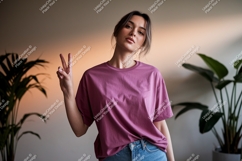 Woman peace sign mauve shirt image Product Image 1