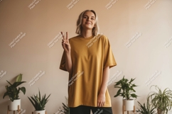 Woman wearing mustard t shirt peace sign image Product Image 1