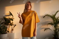 Woman wearing mustard t shirt peace sign image Product Image 1