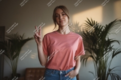 Woman wearing salmon t shirt and jeans image Product Image 1