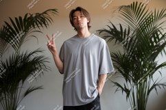 Man wearing grey t-shirt peace sign image Product Image 1
