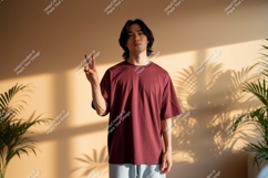 Young man peace sign mockup asian Product Image 1