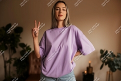 Young woman peace sign lilac t shirt mockup image Product Image 1