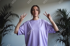 Woman peace sign lavender shirt mockup Product Image 1