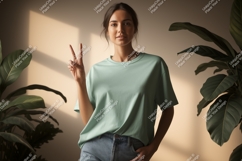 Woman peaceful gesture mint t shirt mockup image Product Image 1