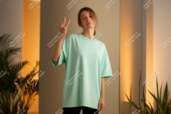 Woman wearing mint green t shirt peace sign image Product Image 1