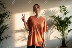 Woman wearing orange t shirt peace sign image Product Image 1
