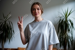 Woman wearing grey t shirt making peace sign t-shirt Product Image 1