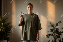 Woman wearing olive green t-shirt making peace sign Product Image 1