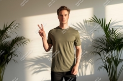 Man wearing olive green t shirt peace sign image Product Image 1