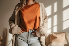 Orange shirt beige cardigan light denim woman clothing Product Image 1