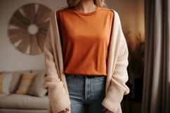 Orange shirt beige cardigan denim jeans image Product Image 1