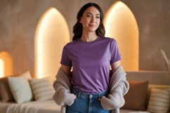 Woman wearing purple t shirt and jeans image Product Image 1