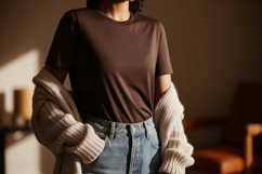 Brown shirt denim jeans cardigan image Product Image 1