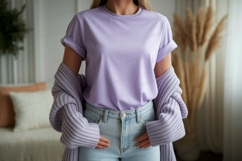 Woman wearing lavender t shirt and cardigan image Product Image 1